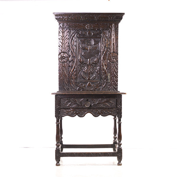 Victorian Bird Carved Dark Antique Cabinet