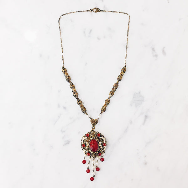 Antique 1930s Bohemian Brass Filigree Necklace - Cherry Amber & Faux Pearl