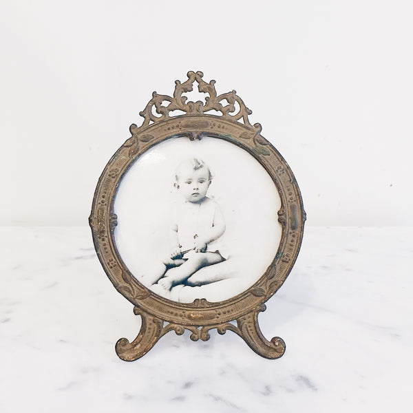Antique French Ormolu Brass Round Photo Frame w/ Baby Photo