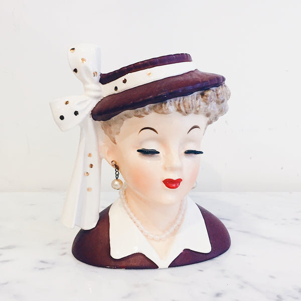 Vintage Brown Hat Lady Head Vase