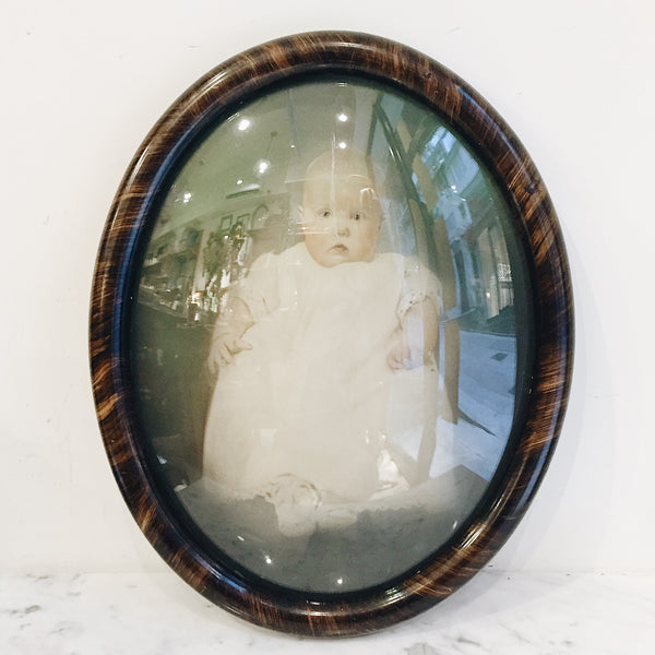 Antique Victorian Baby Chalk Portrait with Tiger Wood Frame