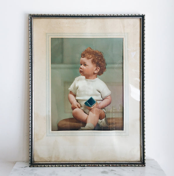 Vintage 30s Baby Girl Framed Tinted Photograph