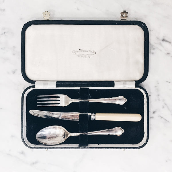 Antique Art Deco Child's Silverplated Cutlery Cased Set
