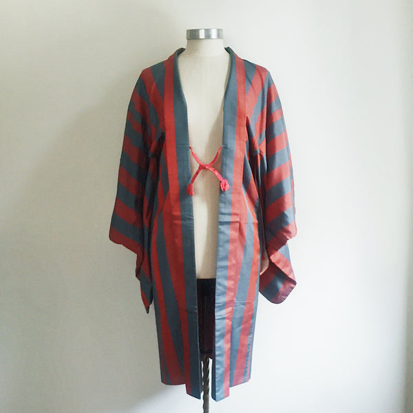 Vintage Kimono Haori Jacket - Orange / Blue Retro Stripe