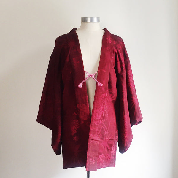 Antique Kimono Haori Jacket - Peony Cart & Stars/ Cherry Red Damask