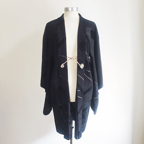 Antique Kimono Haori Jacket - Metallics & Cut Velvet Scrolls/ Midnight Black