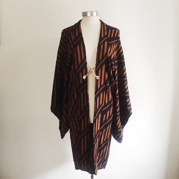 Antique Kimono Haori Jacket - Diagonal & Straight Stripes/ Mahogany & Black