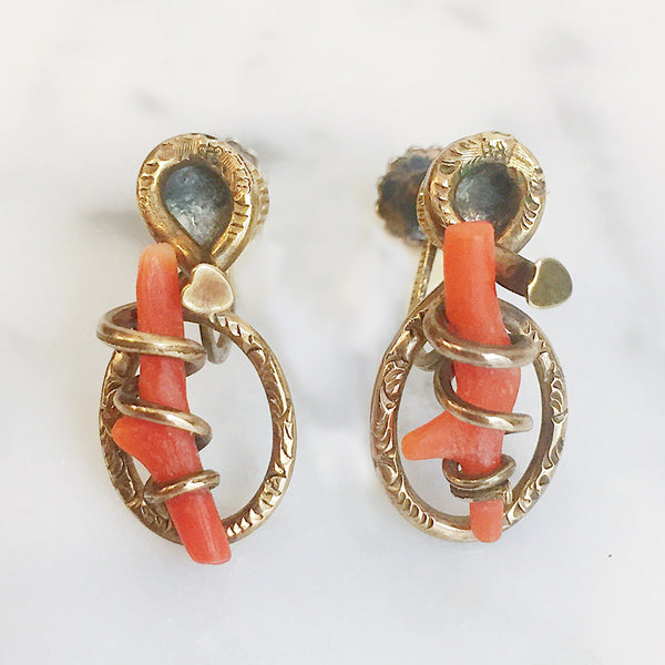 Antique Gilded Sterling Coral Love Knot Screwback Earrings