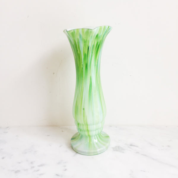 Vintage Green & White Pulled Art Glass Vase